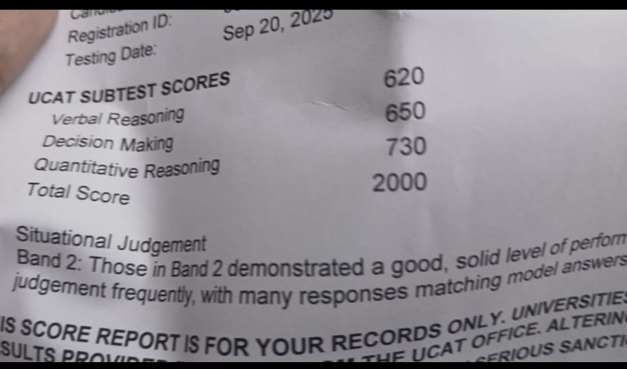 UCAT score report photo — 2000, Band 2