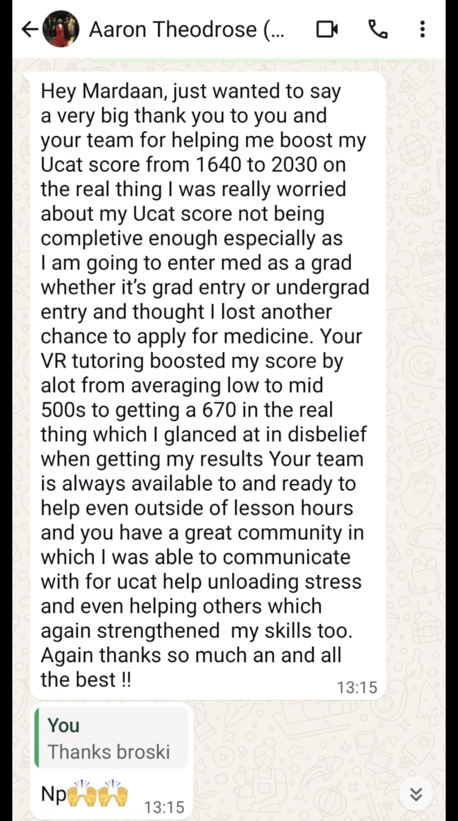 Aaron WhatsApp — 1640 → 2030 for graduate entry