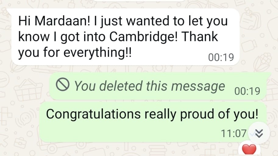 Student WhatsApp — Cambridge offer