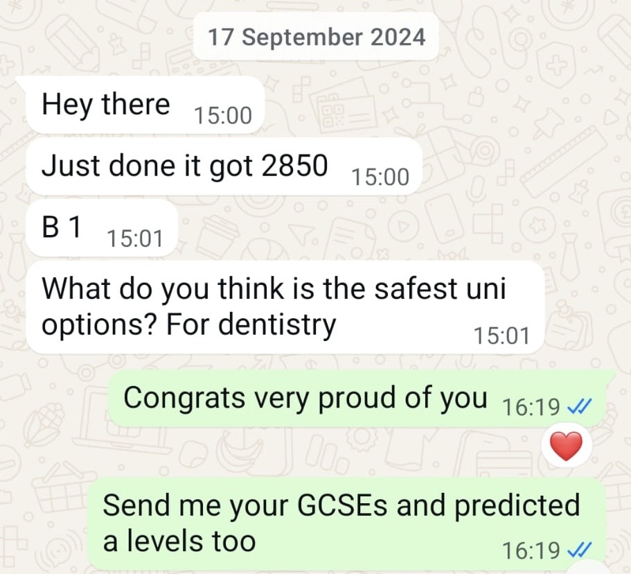 Student WhatsApp — 2850 Band 1, dentistry query