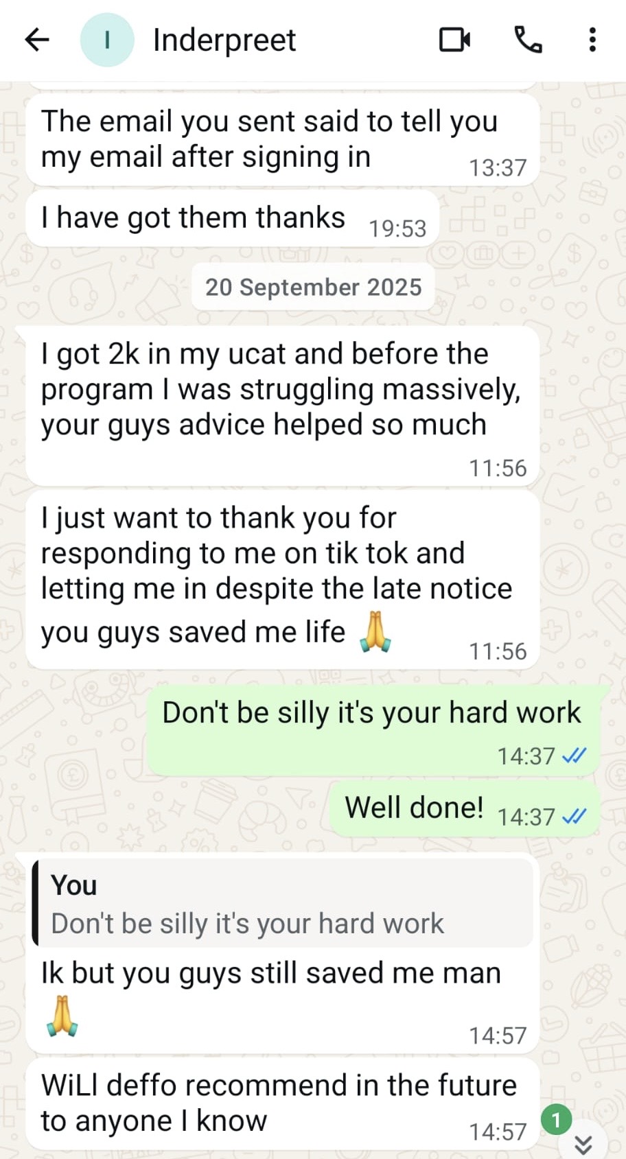 Inderpreet WhatsApp — 2000 UCAT thanks